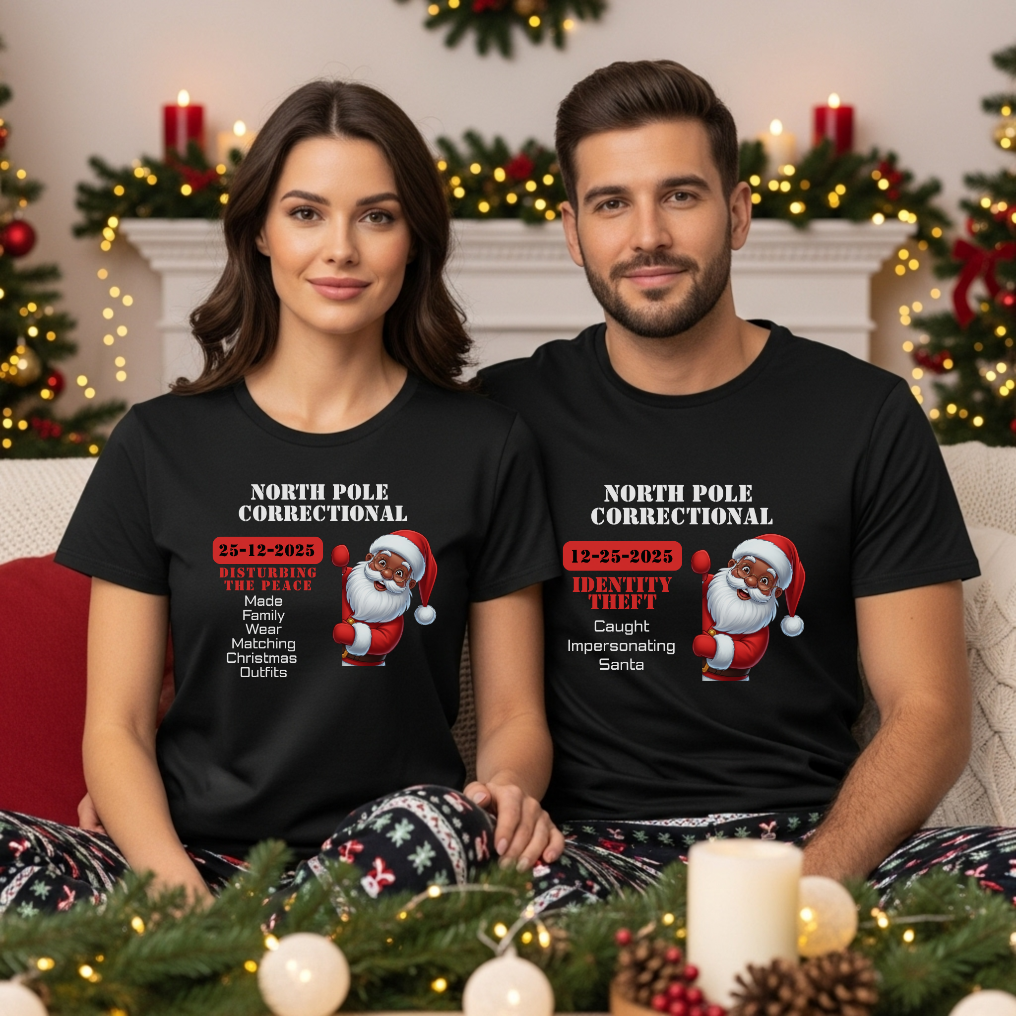 North Pole Correctional Santa Christmas Shirt or Sweatshirt – Funny Holiday Tee or Crewneck Gift for Christmas Parties and Family Photos