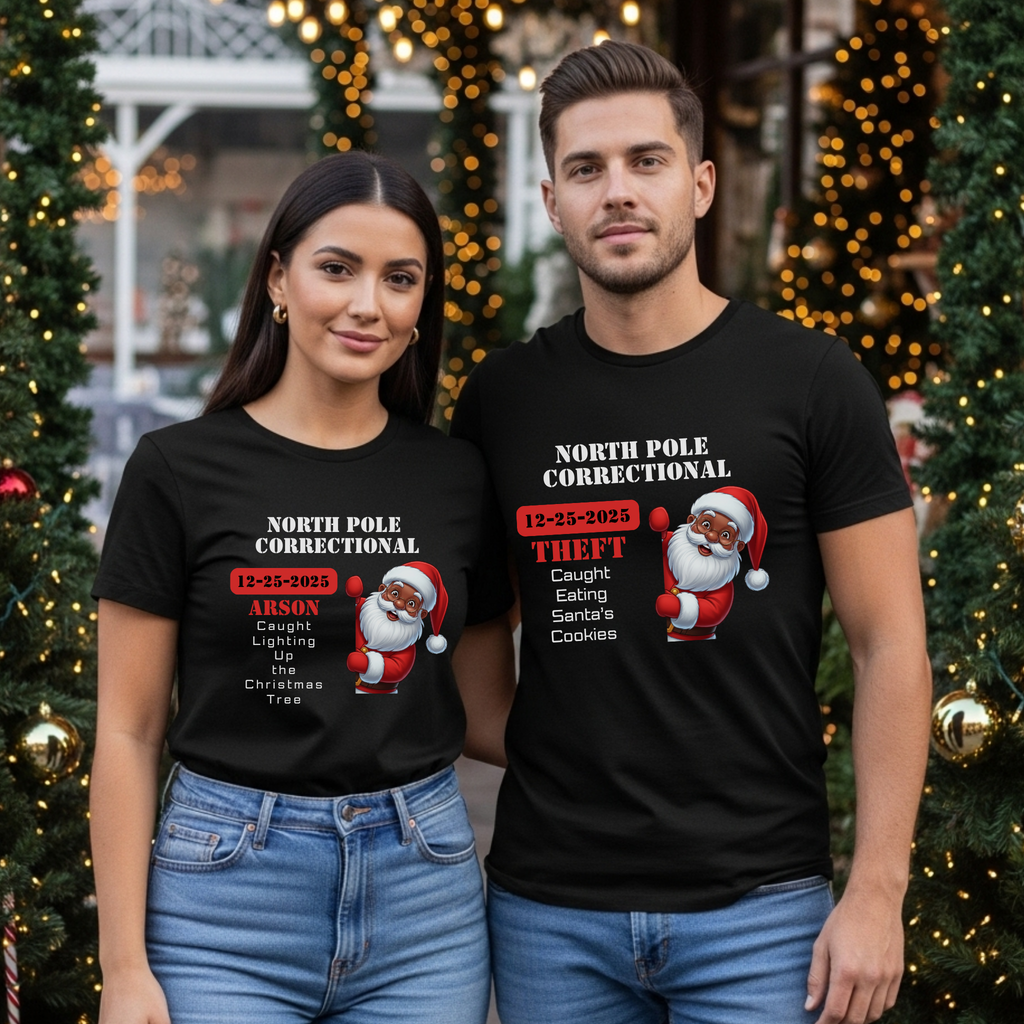 North Pole Correctional Santa Christmas Shirt or Sweatshirt – Funny Holiday Tee or Crewneck Gift for Christmas Parties and Family Photos