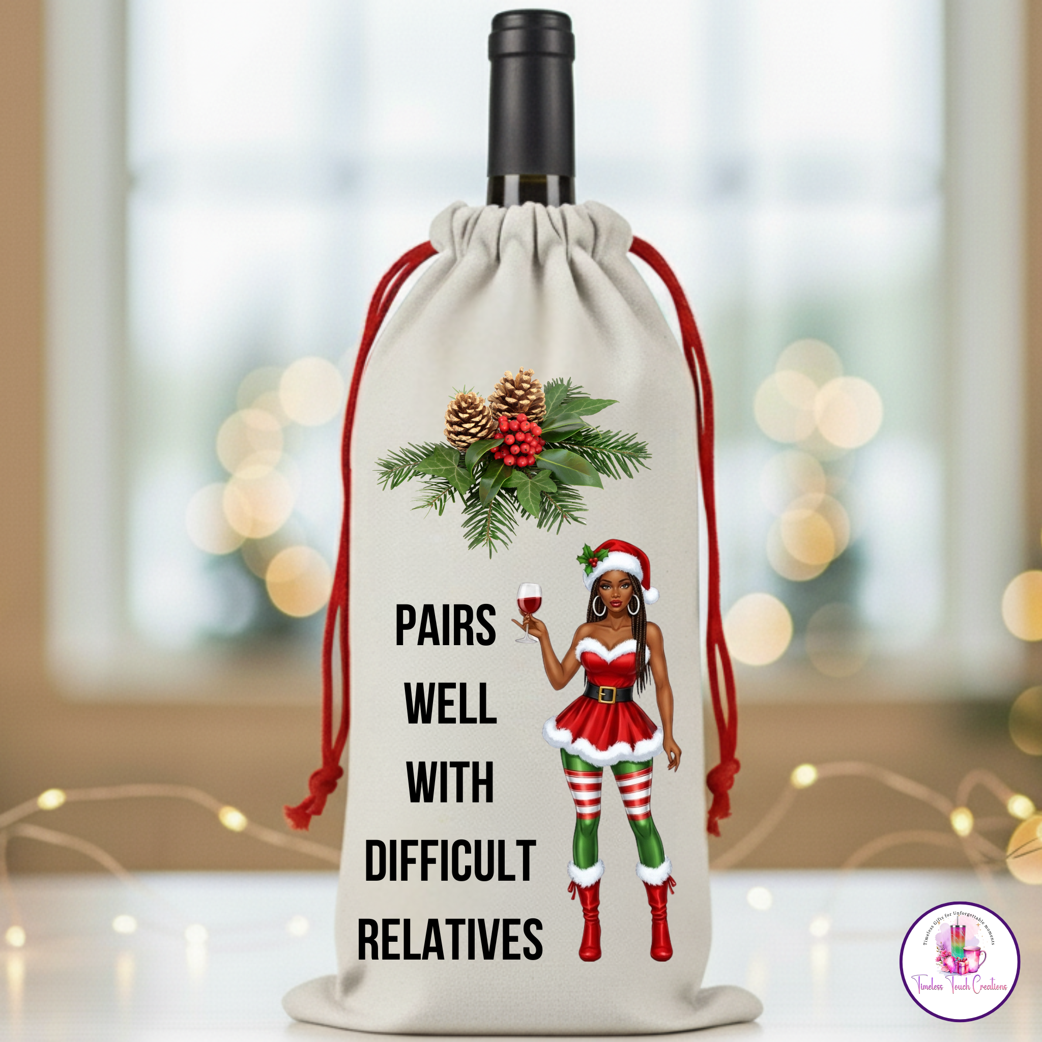 Christmas Wine Gift Bag – Holiday Santa and Festive Designs, Reusable Drawstring Wine Bottle Holder, Perfect for Gifting and Parties