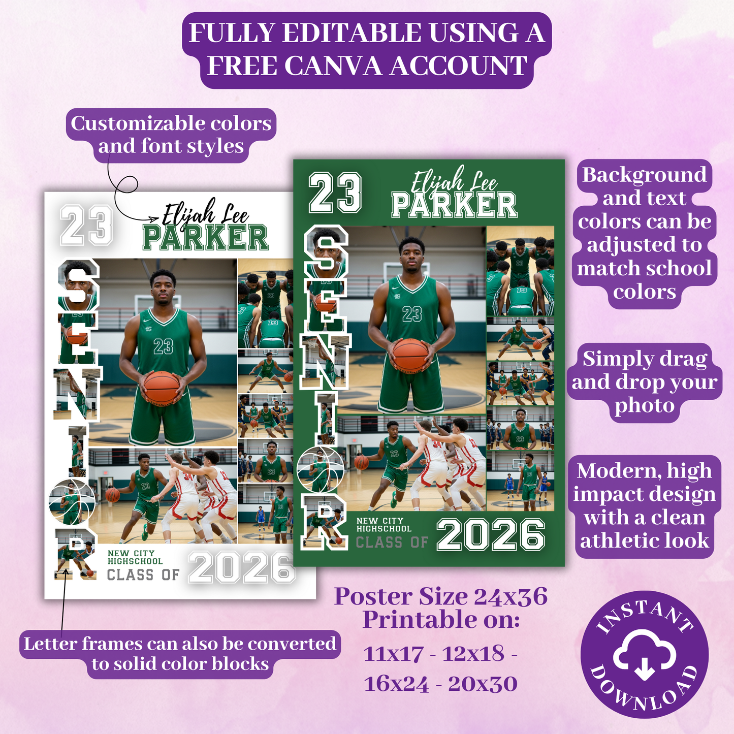 Senior Night Basketball Poster Template - Digital Download Customizable Senior Basketball Poster