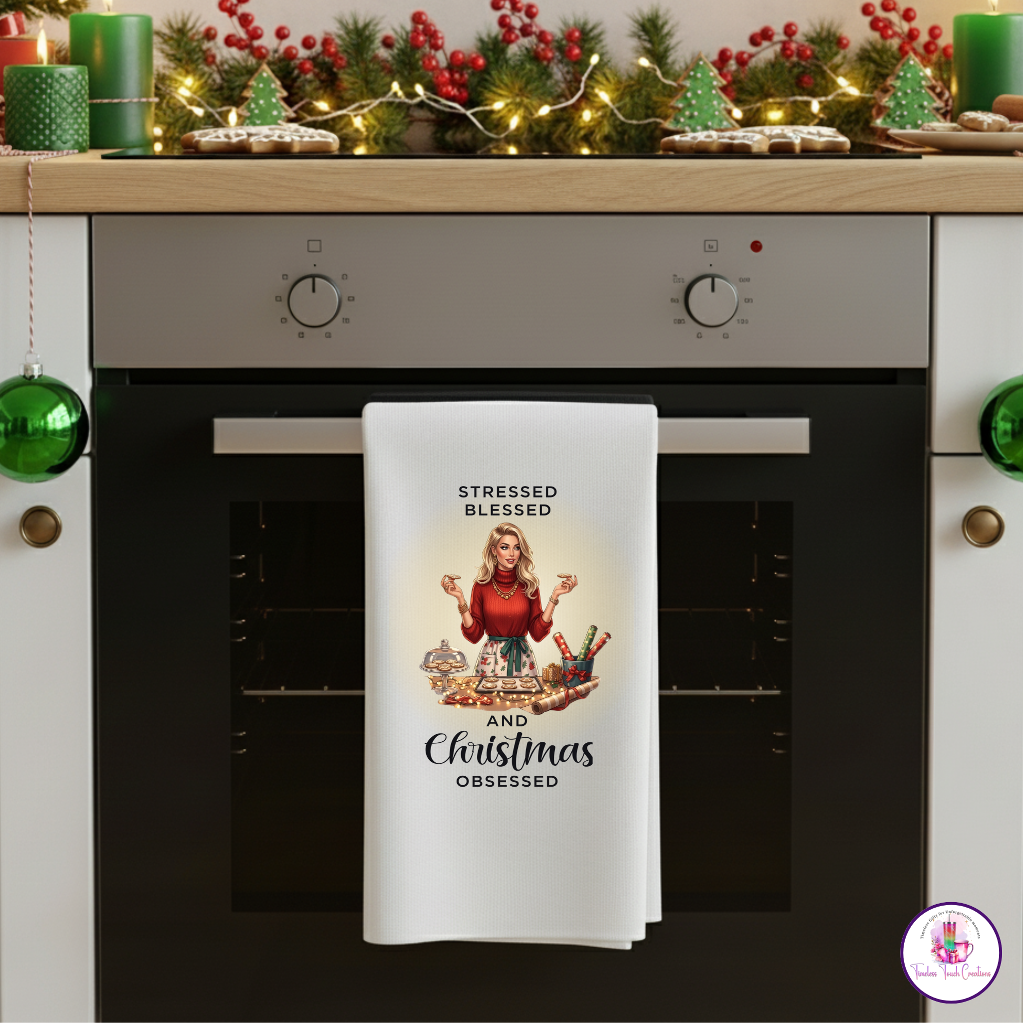 Christmas Kitchen Towel, “Stressed Blessed and Christmas Obsessed” Holiday Dish Towel
