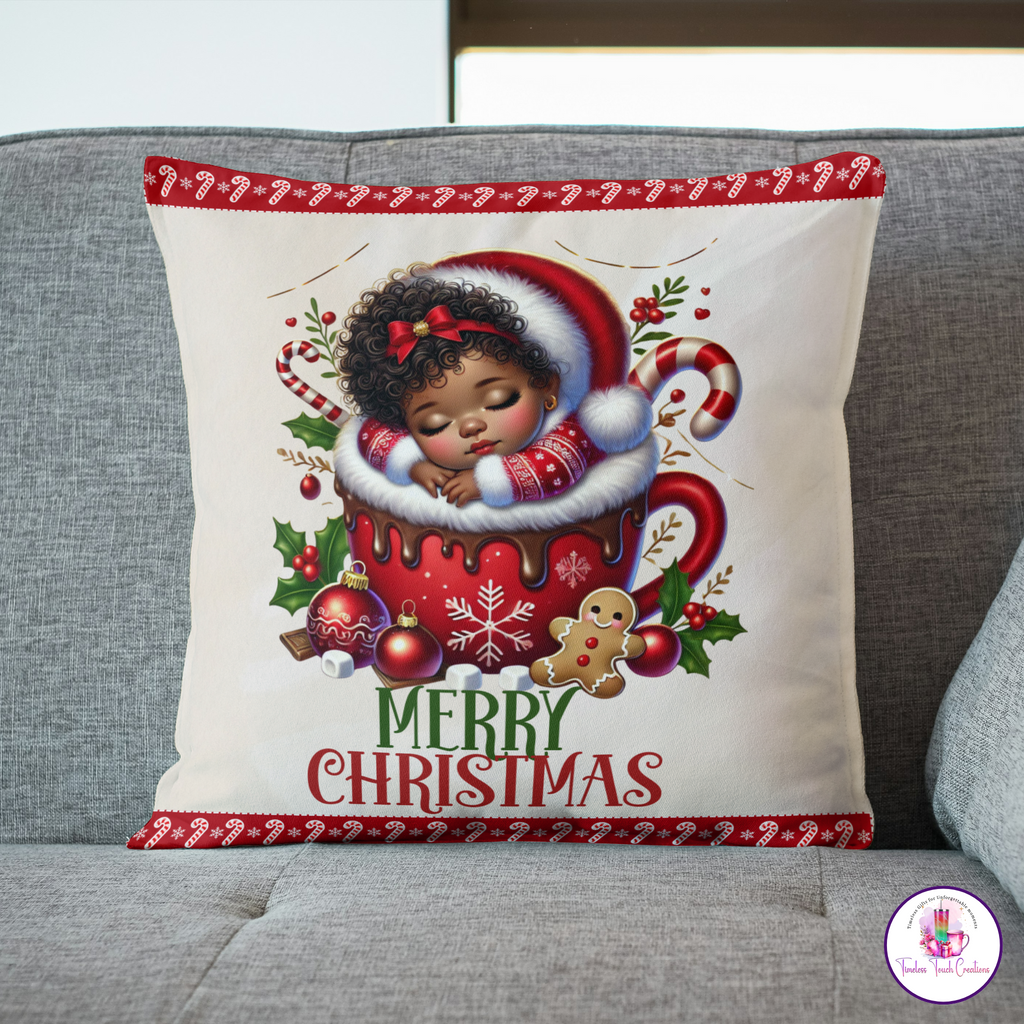 African American Christmas Throw Pillowcase with Baby in Santa Hat,  Perfect Holiday Decor
