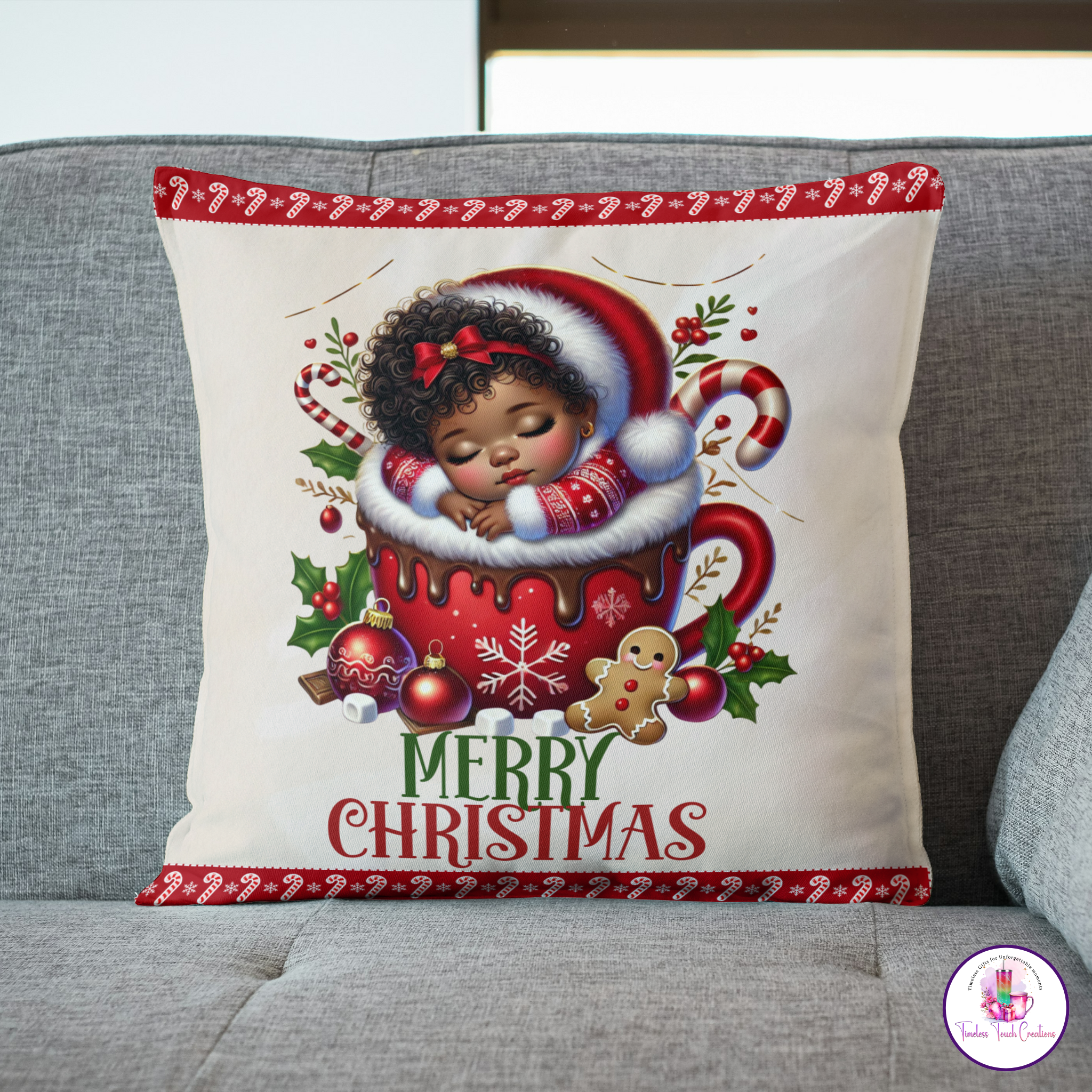 African American Christmas Throw Pillowcase with Baby in Santa Hat,  Perfect Holiday Decor