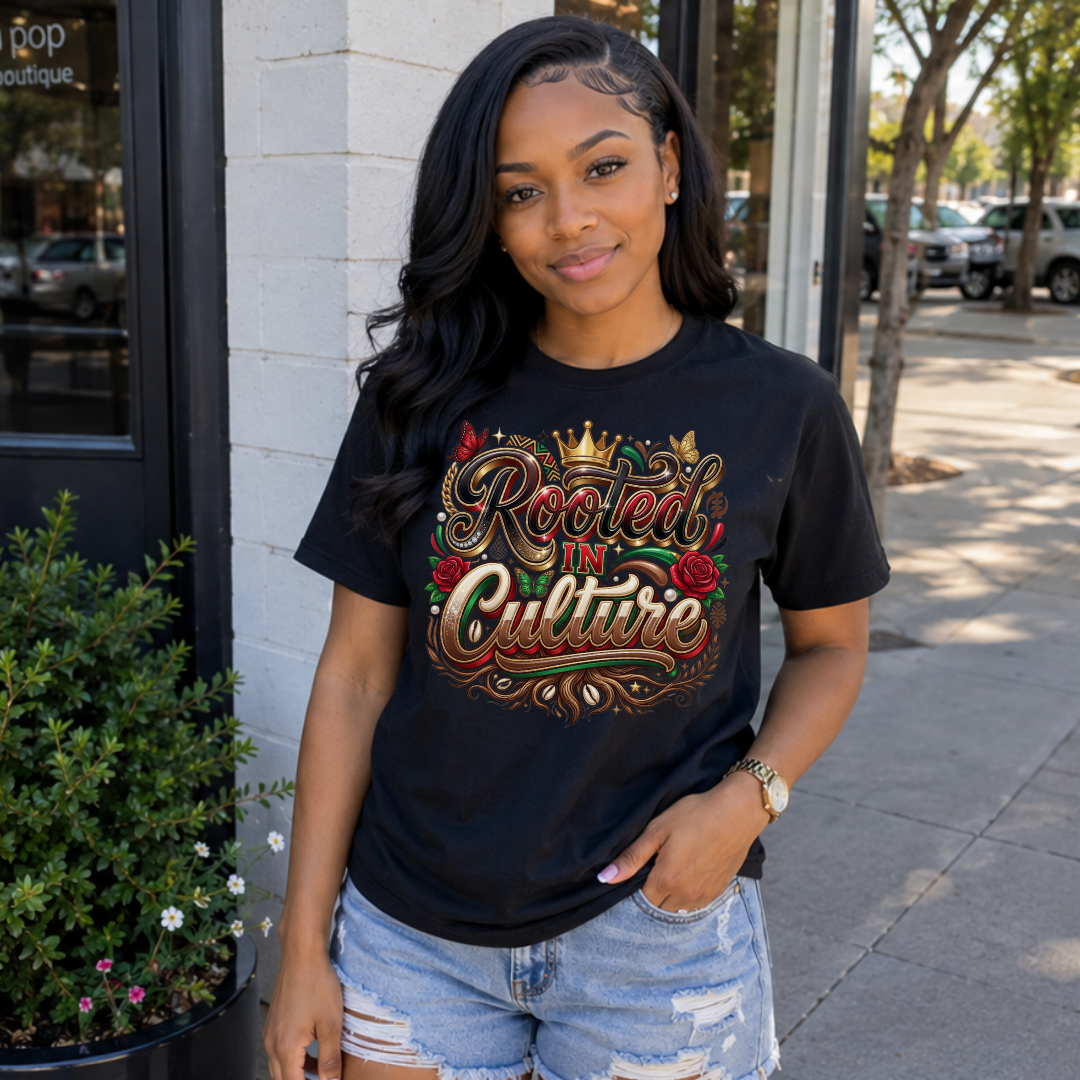 Rooted in Culture T-Shirt | Black Culture Graphic Tee for Women Crown Roses Butterfly Shirt