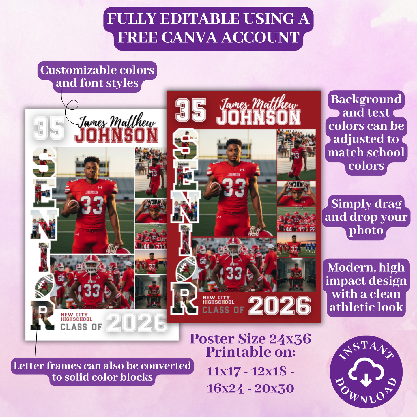Senior Night Football Poster Template - Digital Download Customizable Senior Football Poster