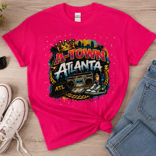 A-Town Atlanta Rhinestone Tee | ATL Street Culture Shirt with Crown Sneakers and Gold Chain