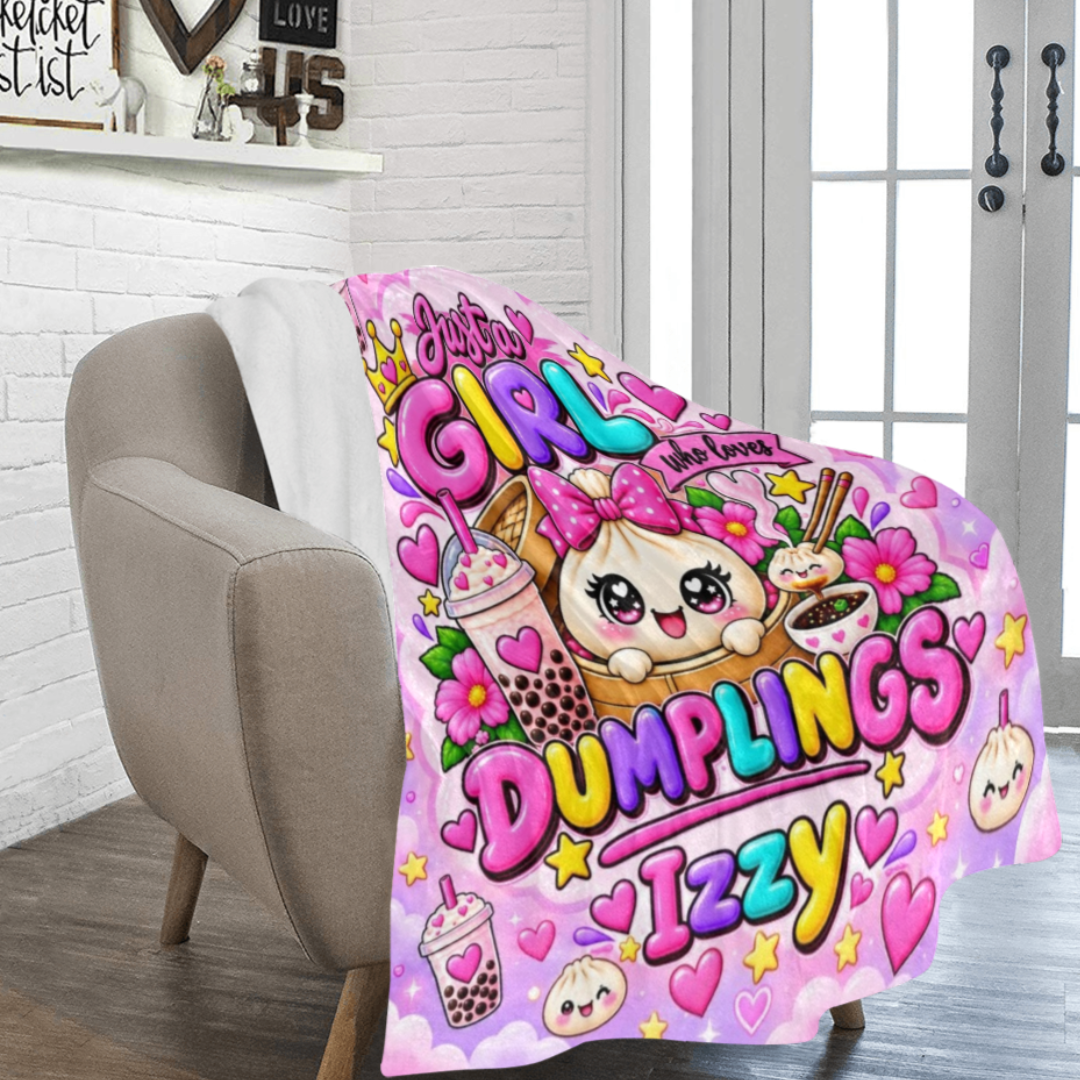 Personalized Just a Girl Who Loves Dumplings name blanket draped over a chair