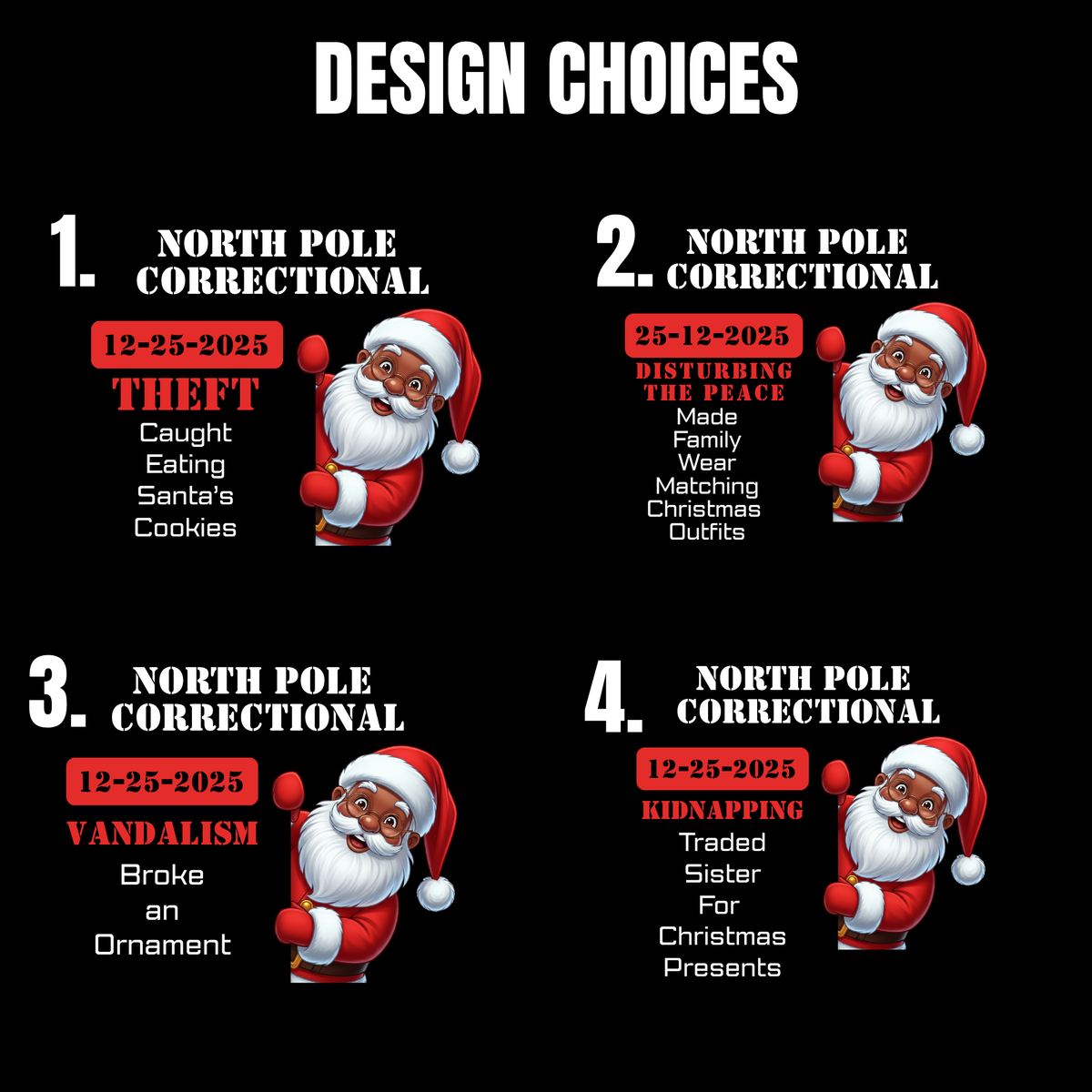 North Pole Correctional Santa Christmas Shirt or Sweatshirt – Funny Holiday Tee or Crewneck Gift for Christmas Parties and Family Photos