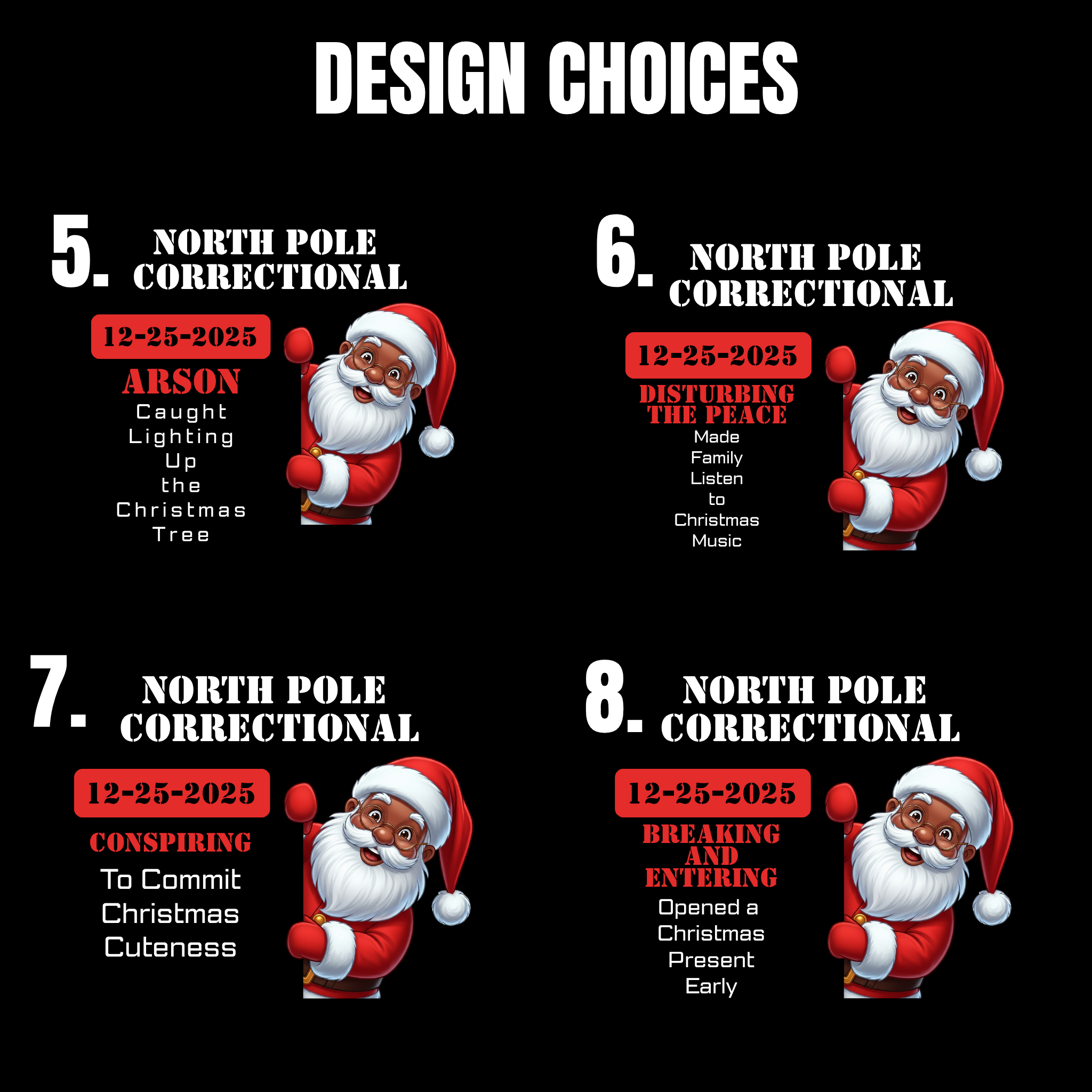 North Pole Correctional Santa Christmas Shirt or Sweatshirt – Funny Holiday Tee or Crewneck Gift for Christmas Parties and Family Photos