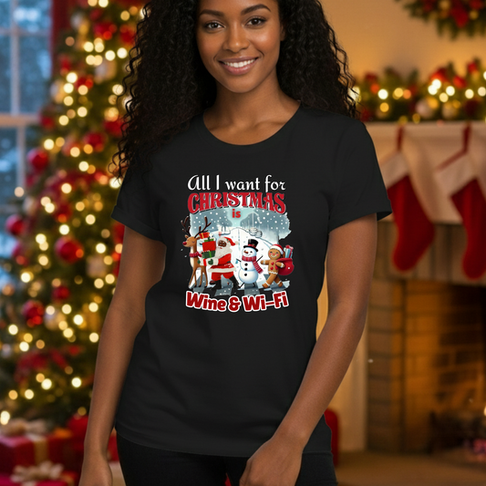 Funny Christmas Shirt All I Want for Christmas Is Wine and WiFi Tee
