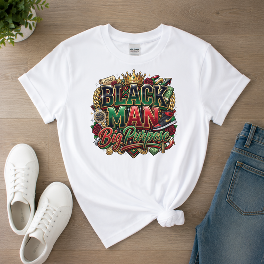 Black Man Big Purpose T-Shirt | Black Men Legacy Pride Graphic Tee Crown Roses Shirt