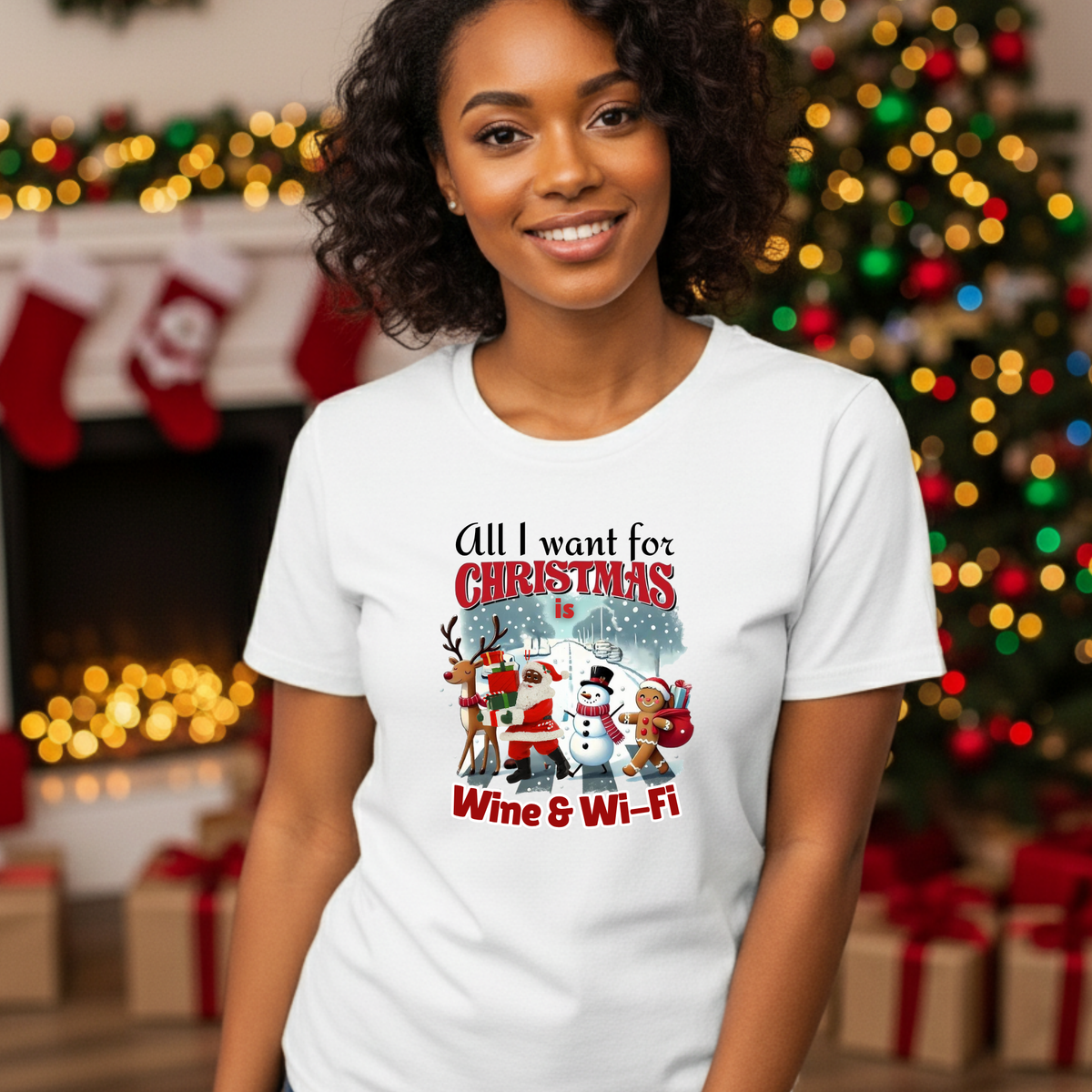 Funny Christmas Shirt All I Want for Christmas Is Wine and WiFi Tee