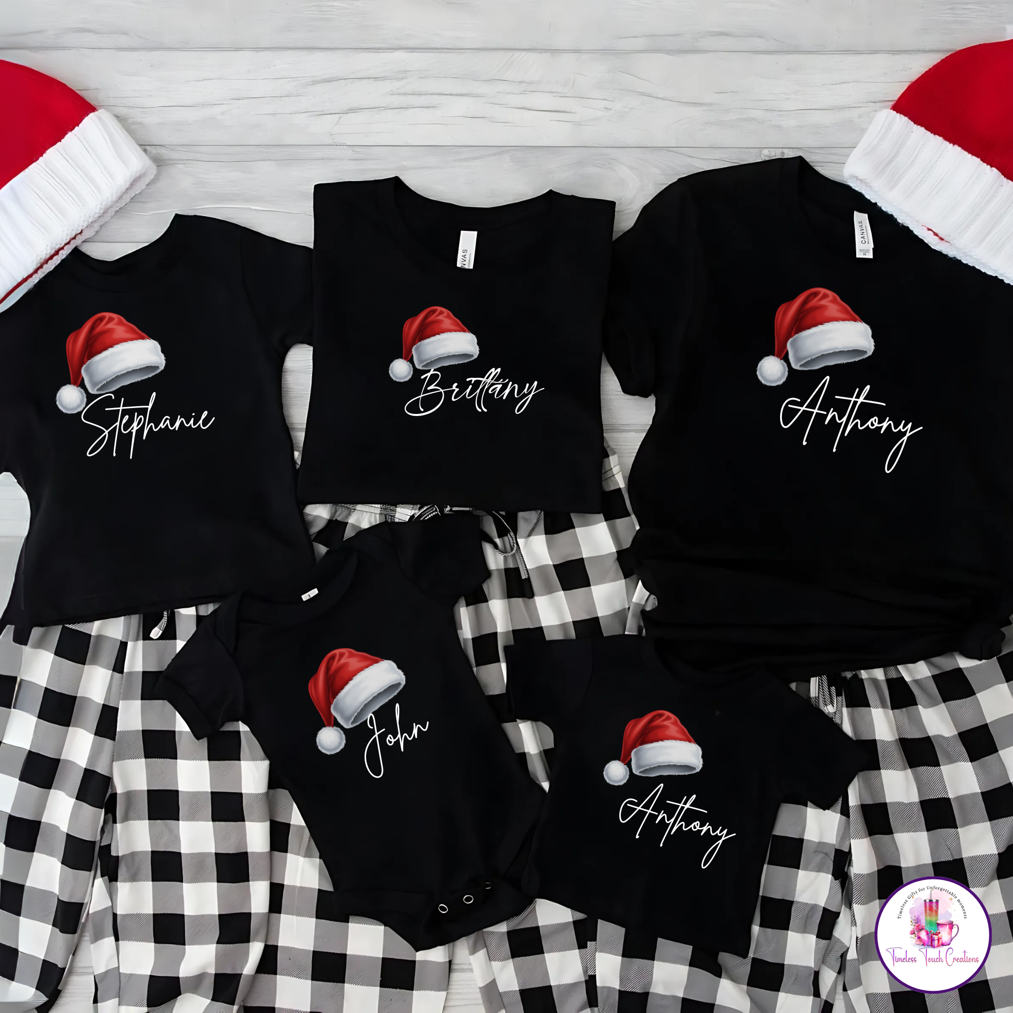 Personalized Family Christmas Shirts with Santa Hat – Custom Name Holiday Tees for Matching Family Outfits or Pajamas