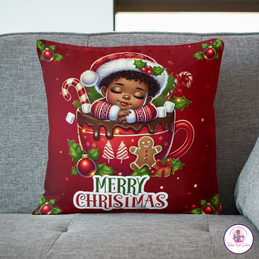 African American Christmas Throw Pillowcase with Baby in Santa Hat,  Perfect Holiday Decor