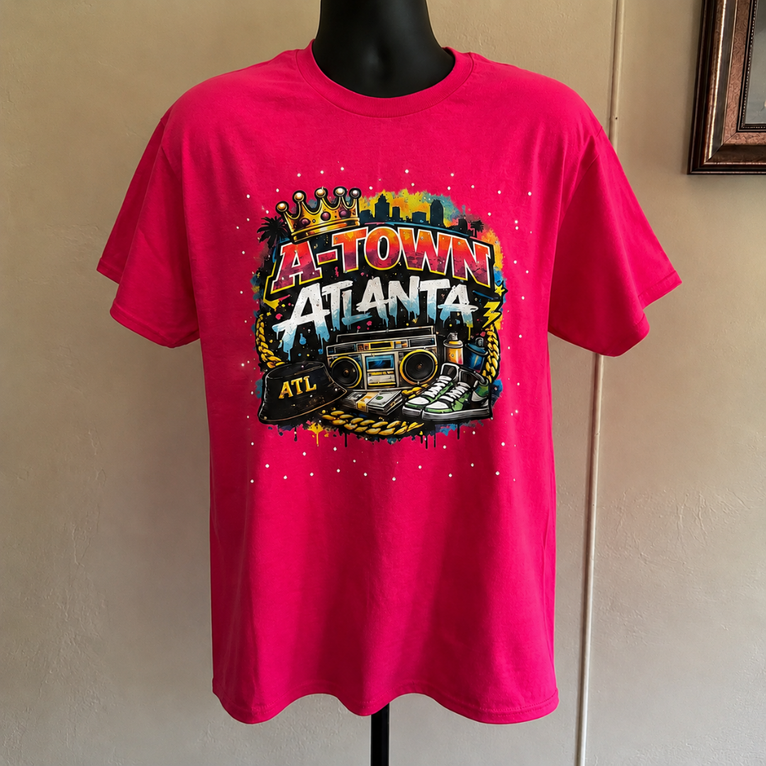 A-Town Atlanta Rhinestone Tee | ATL Street Culture Shirt with Crown Sneakers and Gold Chain