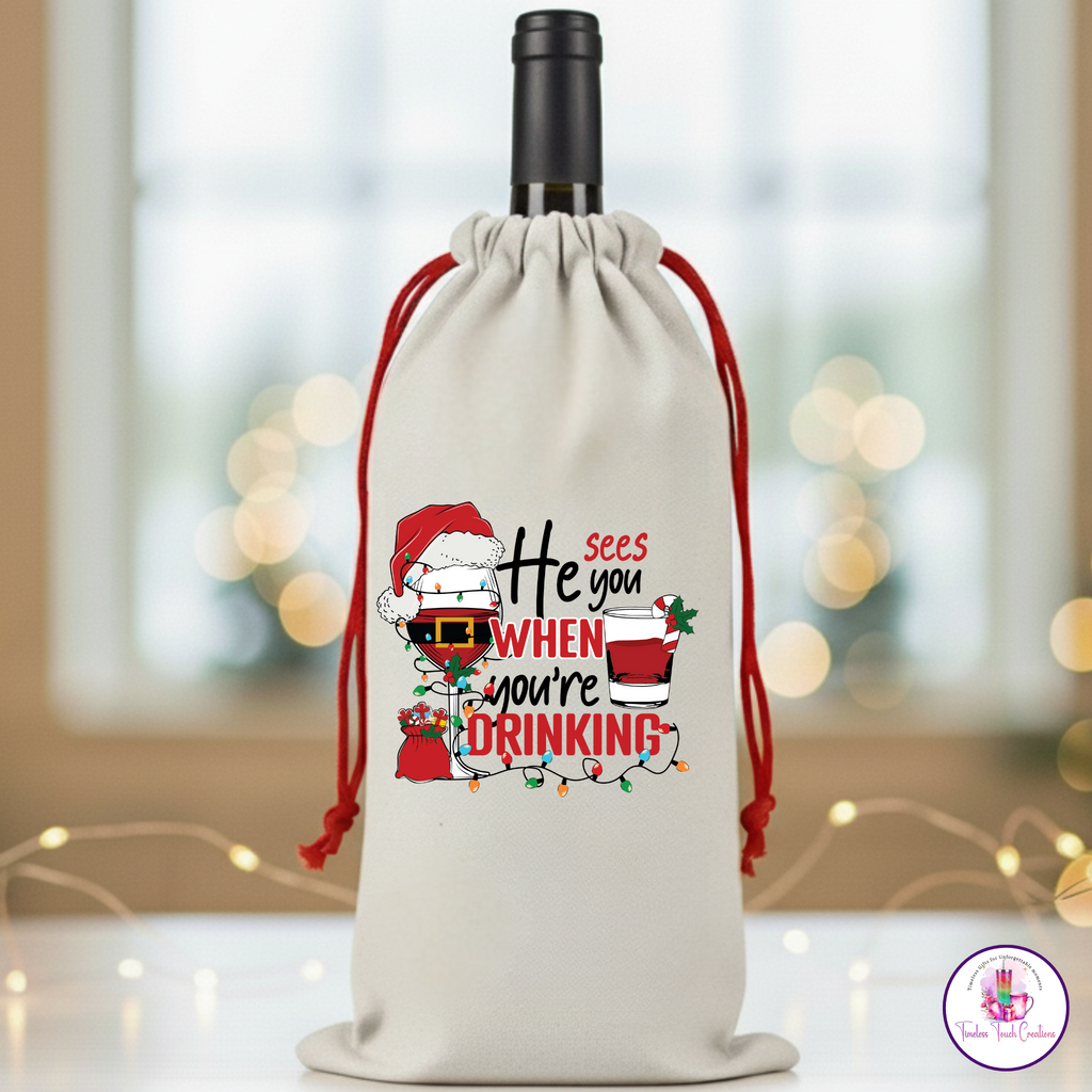 Christmas Wine Gift Bag – Holiday Santa and Festive Designs, Reusable Drawstring Wine Bottle Holder, Perfect for Gifting and Parties