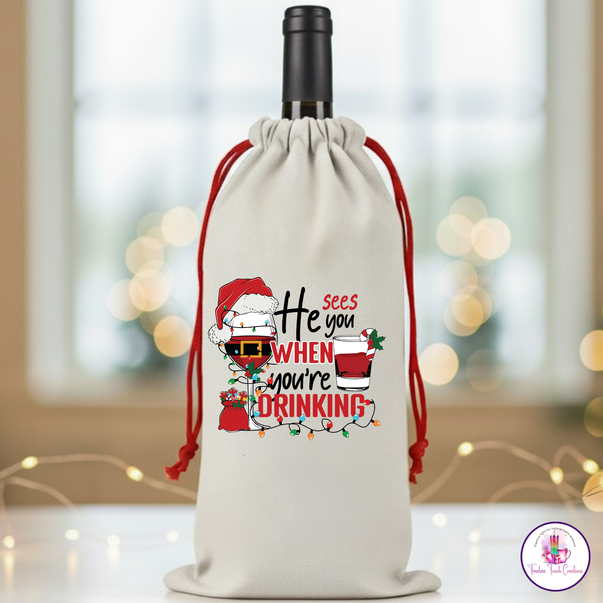 Christmas Wine Gift Bag – Holiday Santa and Festive Designs, Reusable Drawstring Wine Bottle Holder, Perfect for Gifting and Parties