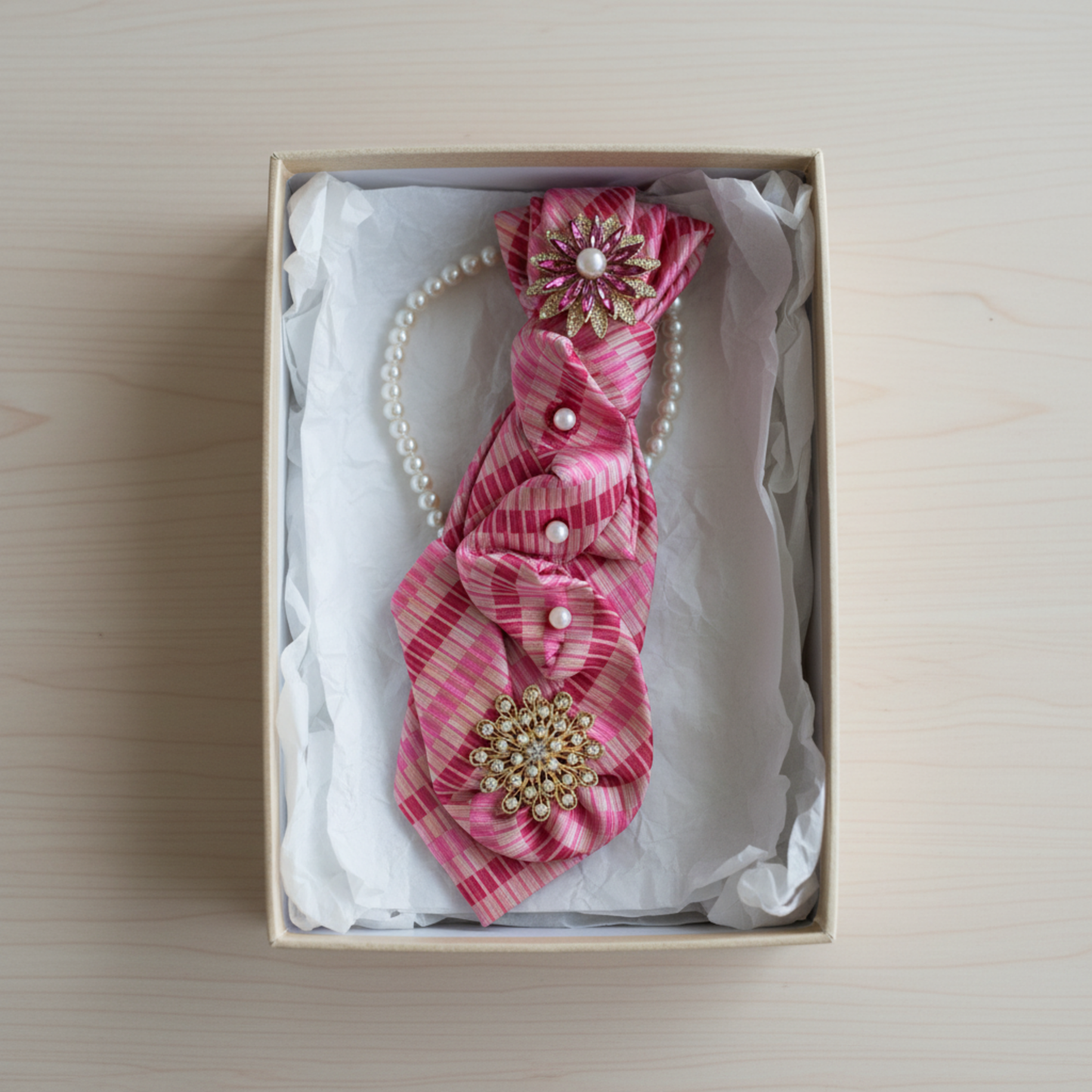 Pink Crystal Tie Necklace with Gold Brooch & Pearls