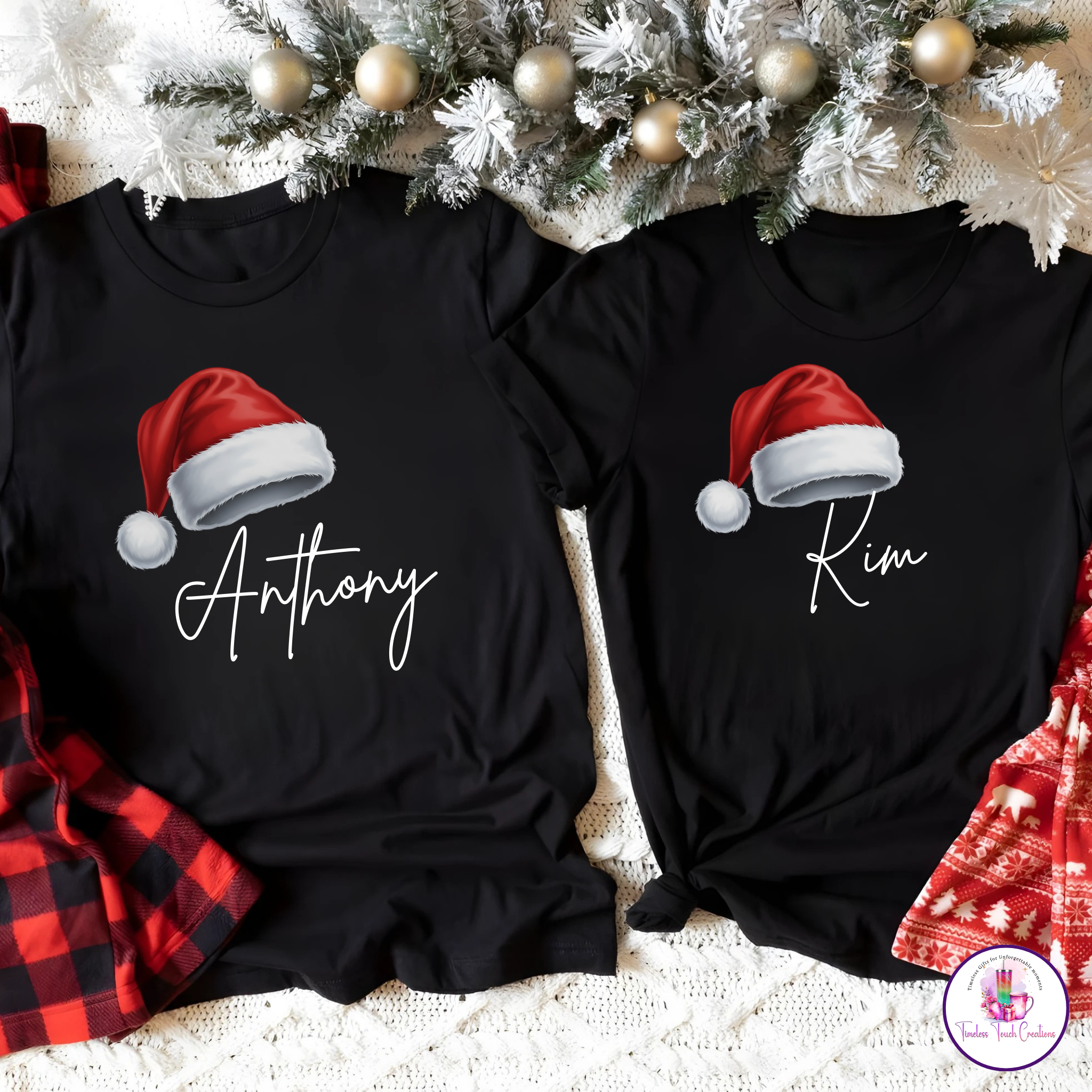 Personalized Family Christmas Shirts with Santa Hat – Custom Name Holiday Tees for Matching Family Outfits or Pajamas