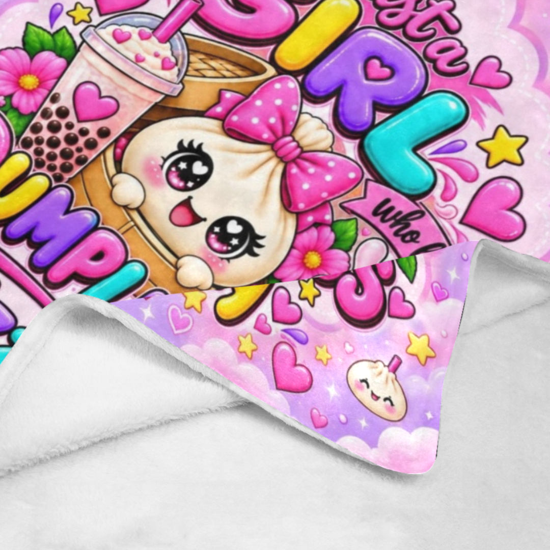 Close up of soft dumpling name blanket with kawaii dumpling and bubble tea design