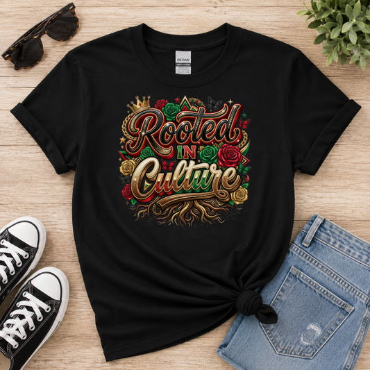 Rooted in Culture Black T-Shirt | Men's Black Culture Heritage Graphic Tee Crown Roses Shirt