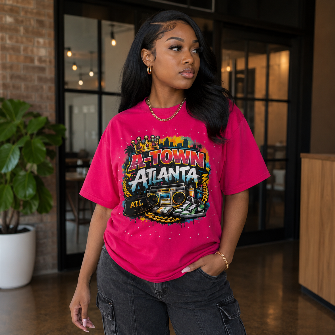 A-Town Atlanta Rhinestone Tee | ATL Street Culture Shirt with Crown Sneakers and Gold Chain