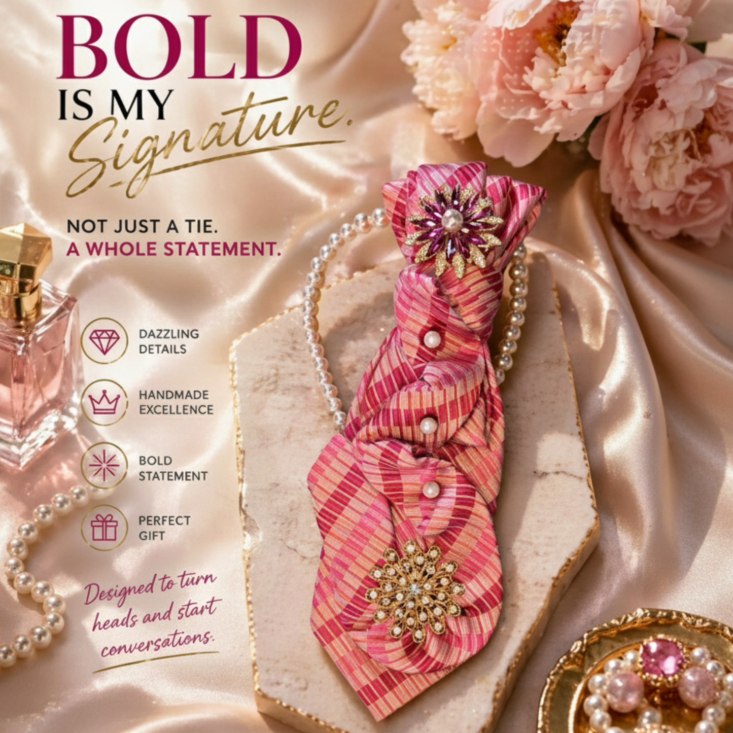 Pink Crystal Tie Necklace with Gold Brooch & Pearls
