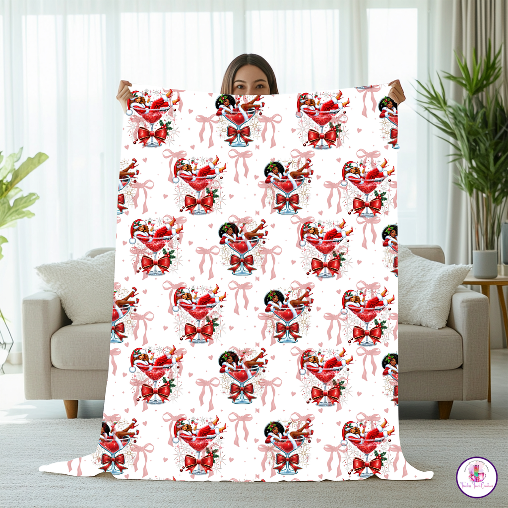 Christmas Blanket – African American Santa Martini Glass Holiday Throw | Cozy Festive Fleece Gift for Winter Decor
