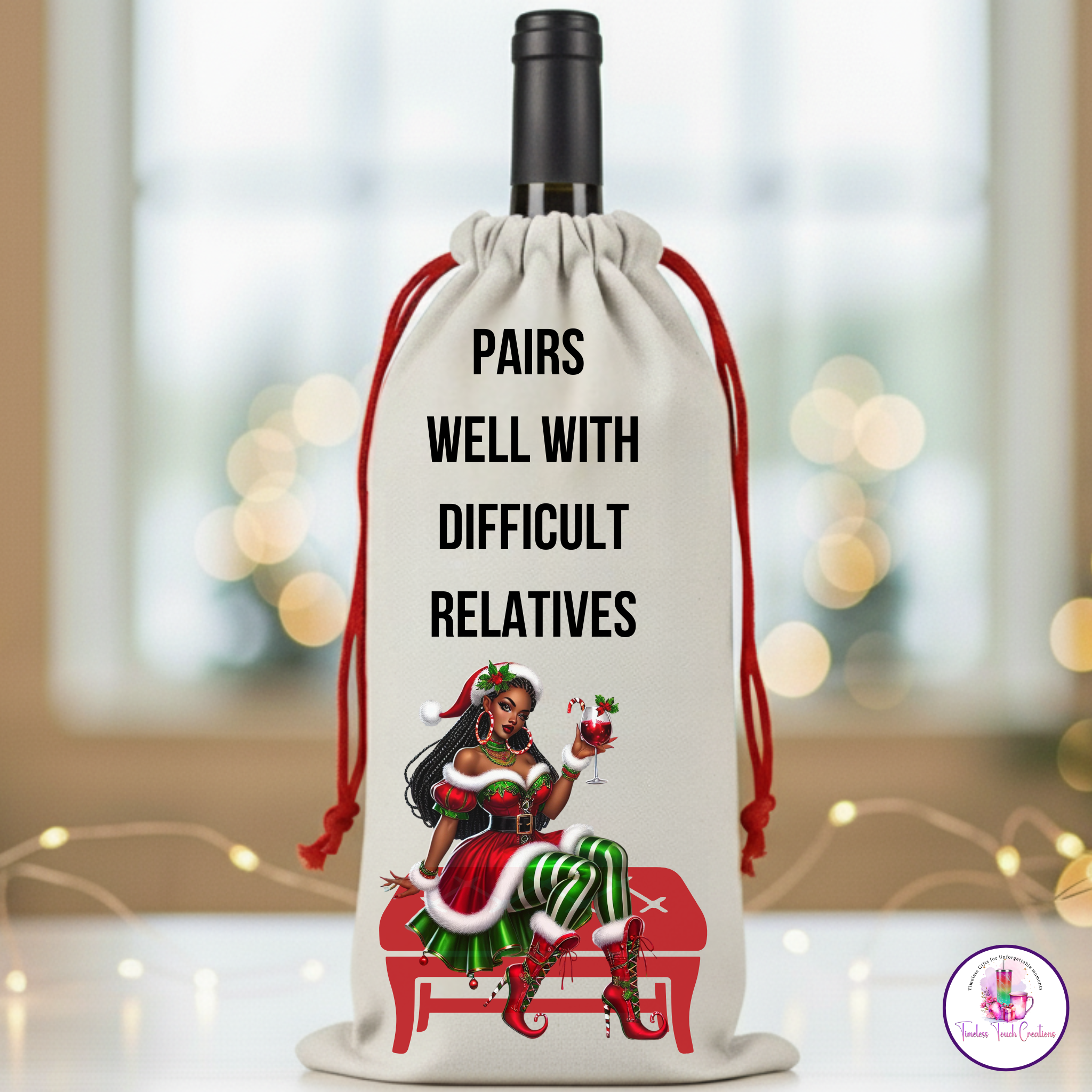 Christmas Wine Gift Bag – Holiday Santa and Festive Designs, Reusable Drawstring Wine Bottle Holder, Perfect for Gifting and Parties