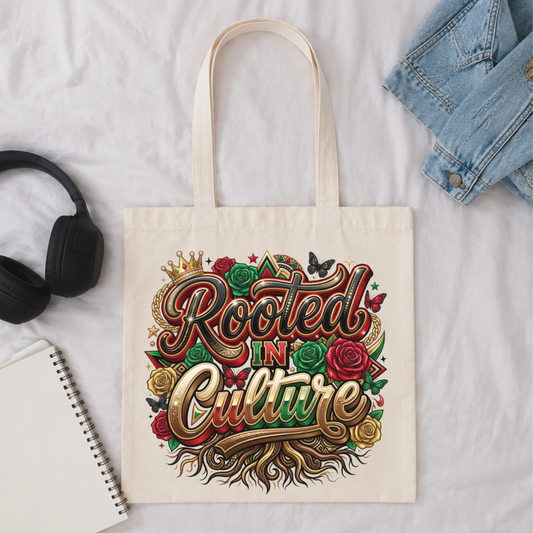 Rooted in Culture Tote Bag | Black Heritage Canvas Bag Red Green Gold Roses Butterfly