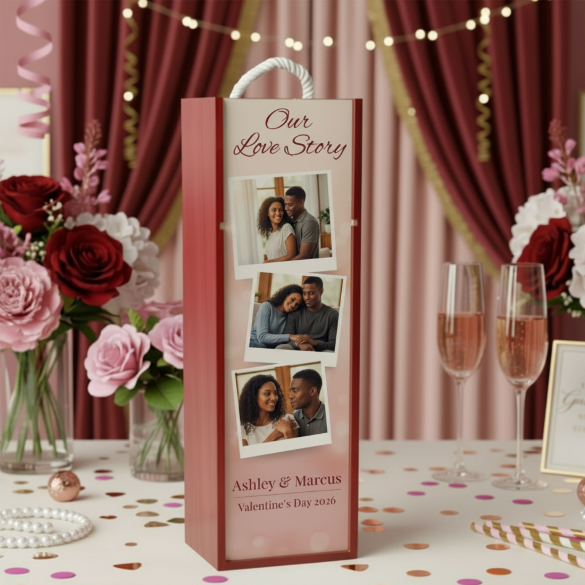 Personalized Valentines Wine Box Couple Photo Gift with Custom Name