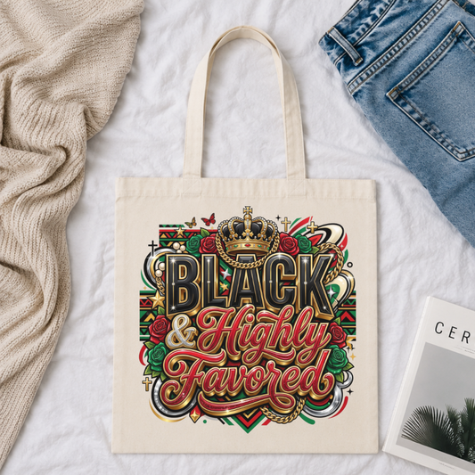 Black and Highly Favored Tote Bag | Black Faith Pride Canvas Bag Crown Roses Cultural Tote
