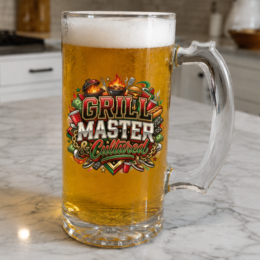Grill Master and Cultured Beer Mug | BBQ Cookout Glass Mug Gift for Grill Lovers