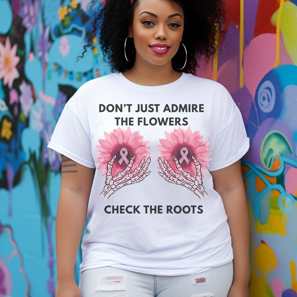 Breast Cancer Awareness T-Shirt Check the Roots Pink Ribbon Flower Design | Gildan Softstyle Tee