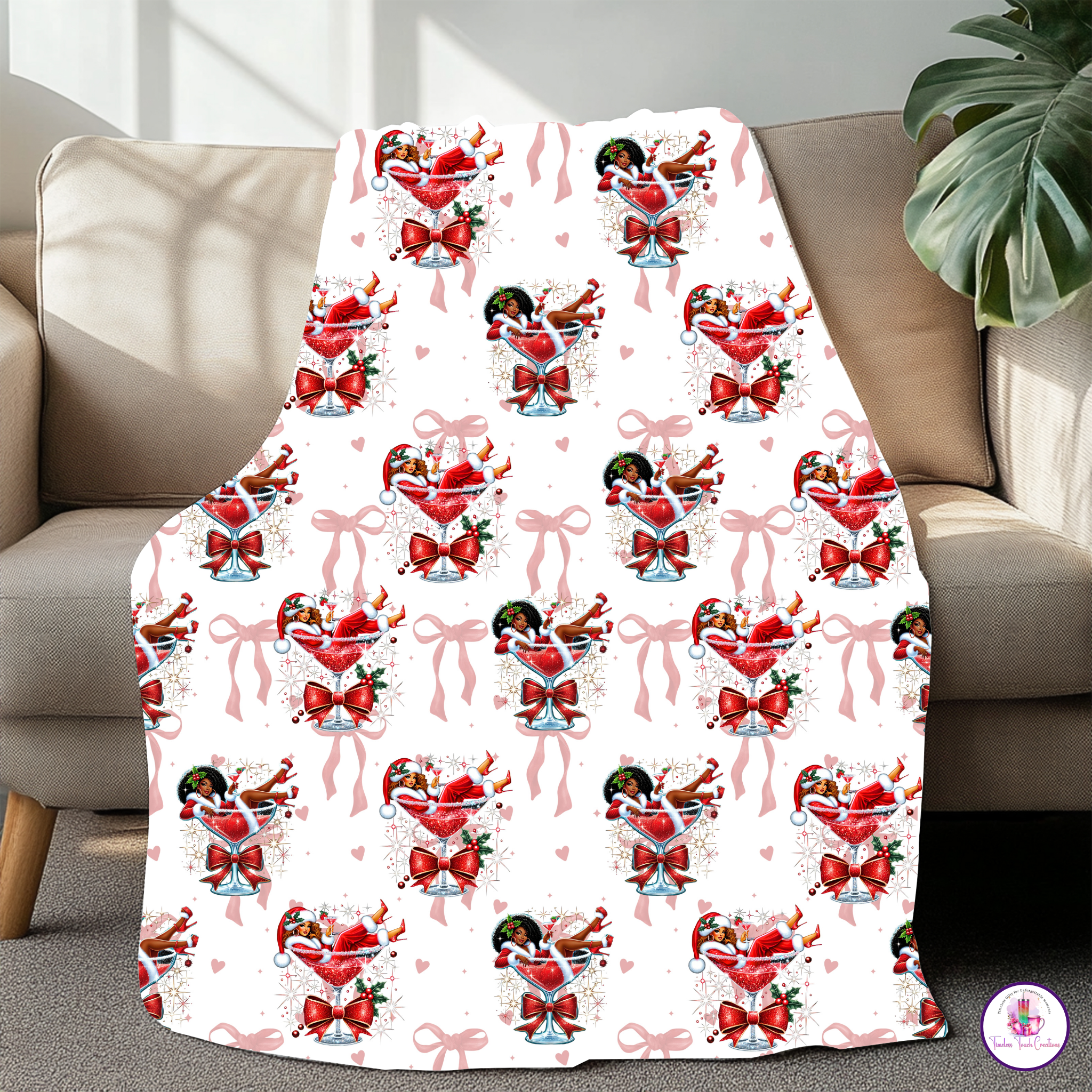 Christmas Blanket – African American Santa Martini Glass Holiday Throw | Cozy Festive Fleece Gift for Winter Decor