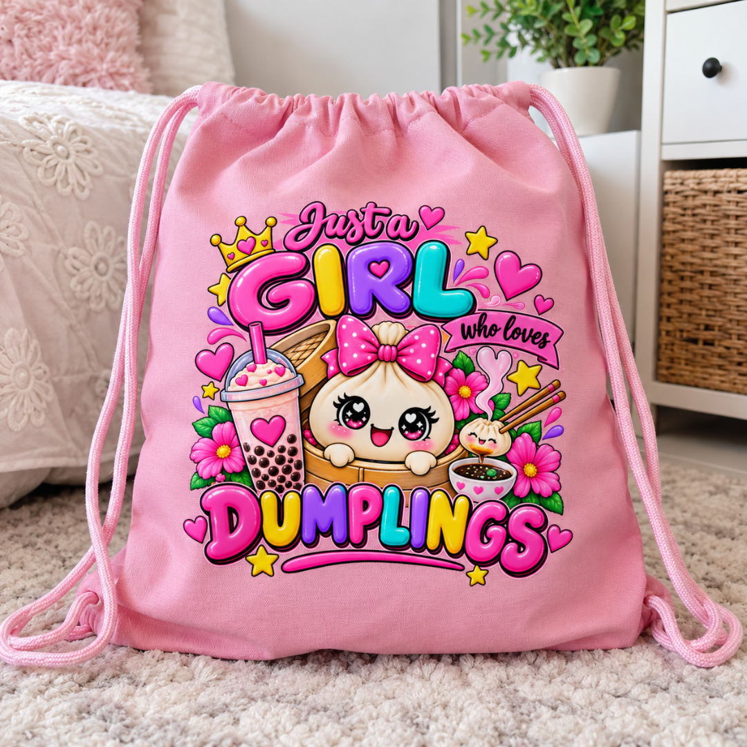 Pink canvas drawstring bag with kawaii dumpling design