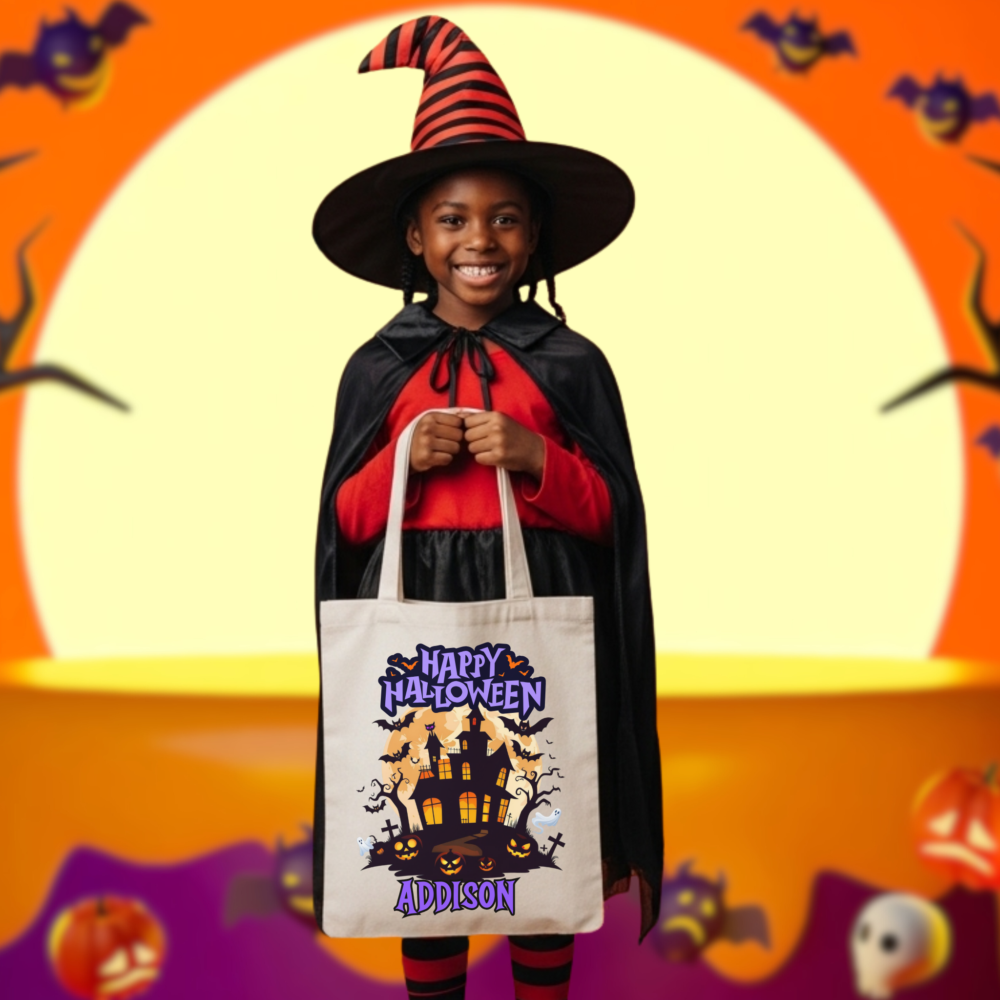 Personalized Halloween Tote Bag – Custom Trick or Treat Candy Bag for Kids | Cute Ghost Pumpkin Design with Name