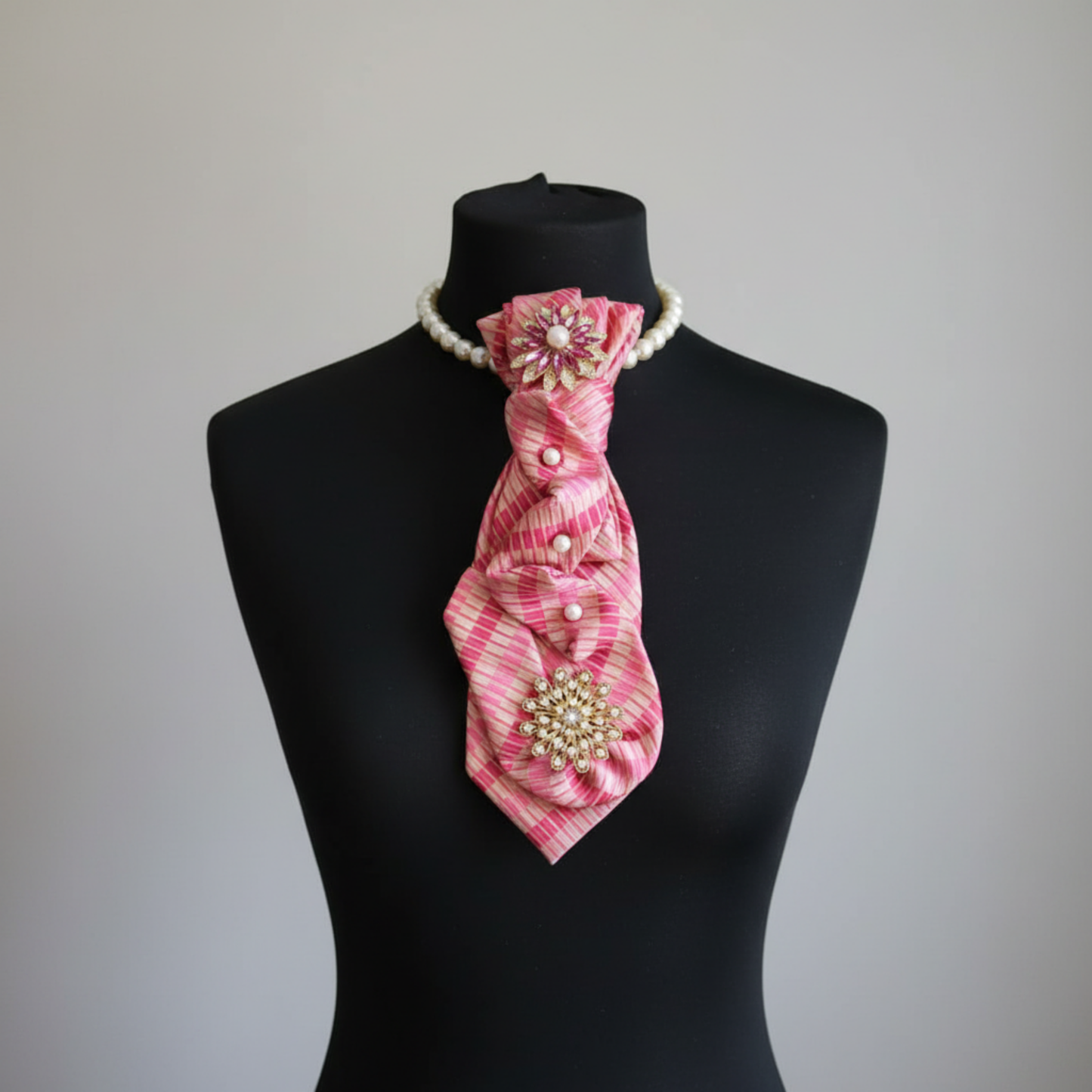 Pink Crystal Tie Necklace with Gold Brooch & Pearls