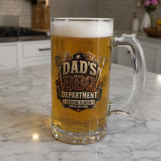 Dad's BBQ Department Beer Mug | Pitmaster Dad Glass Mug BBQ Gift for Grill Dads