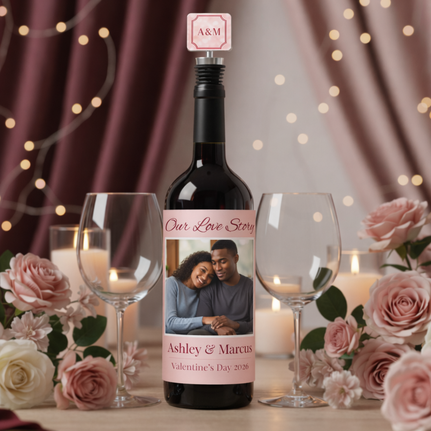 Personalized Valentine's Wine Gift Bundle - Our Love Story with Choice of Glassware