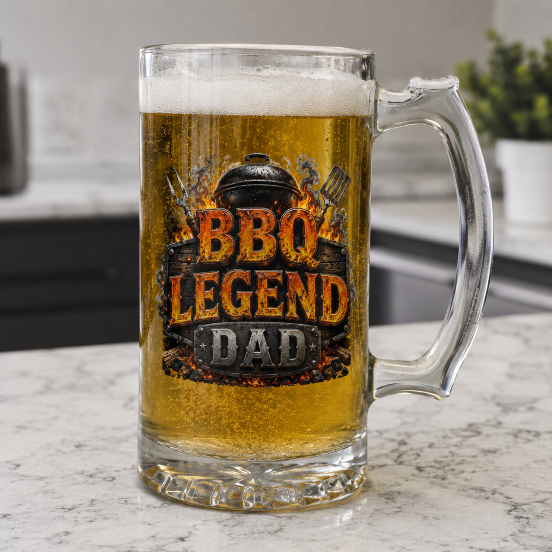 BBQ Legend Dad Beer Mug | Pitmaster Glass Mug BBQ Gift for Grill Dads