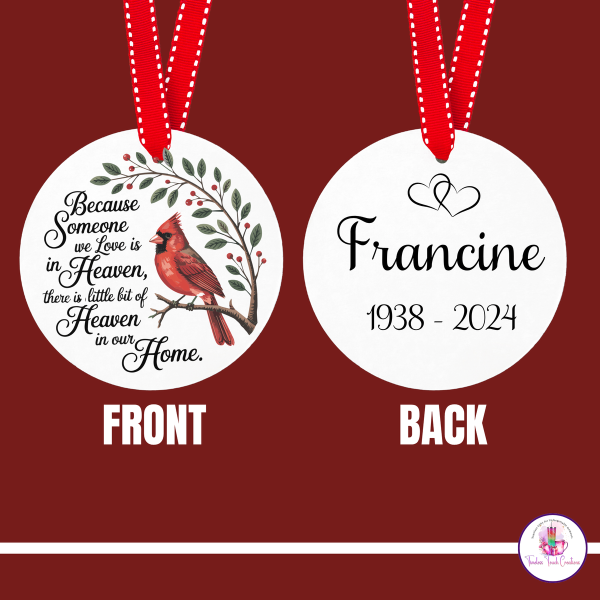 Personalized Cardinal Memorial Ornament /  Because Someone We Love Is in Heaven Keepsake Gift