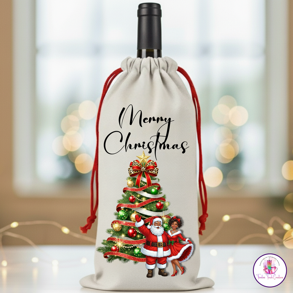 Christmas Wine Gift Bag – Holiday Santa and Festive Designs, Reusable Drawstring Wine Bottle Holder, Perfect for Gifting and Parties