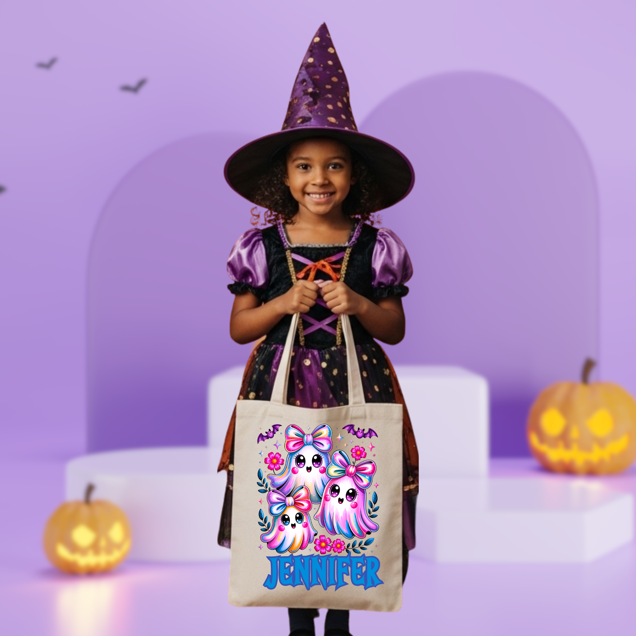 Personalized Halloween Tote Bag – Custom Trick or Treat Candy Bag for Kids | Cute Ghost Pumpkin Design with Name