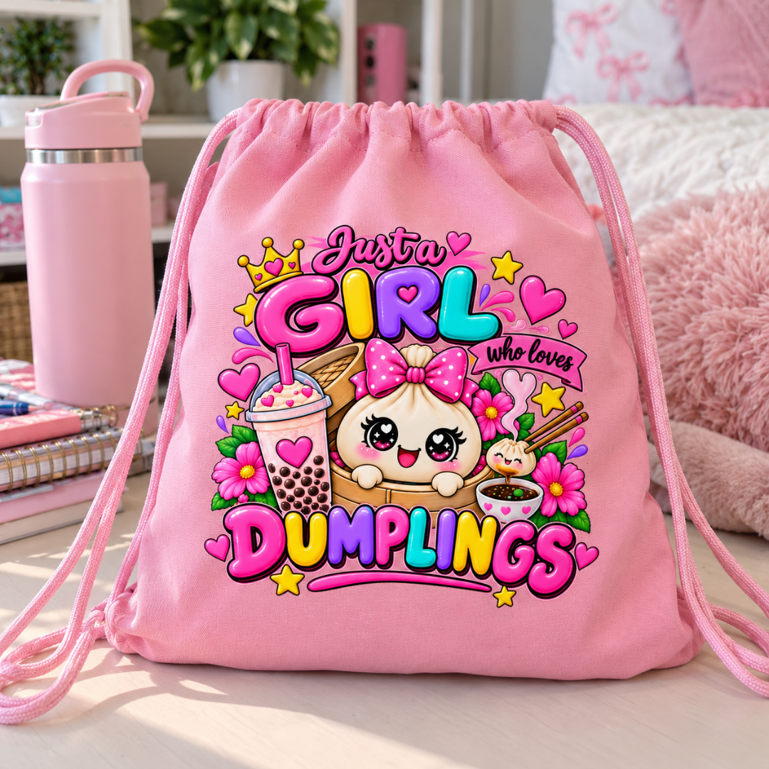 Kawaii dumpling drawstring bag on a bed next to a water bottle