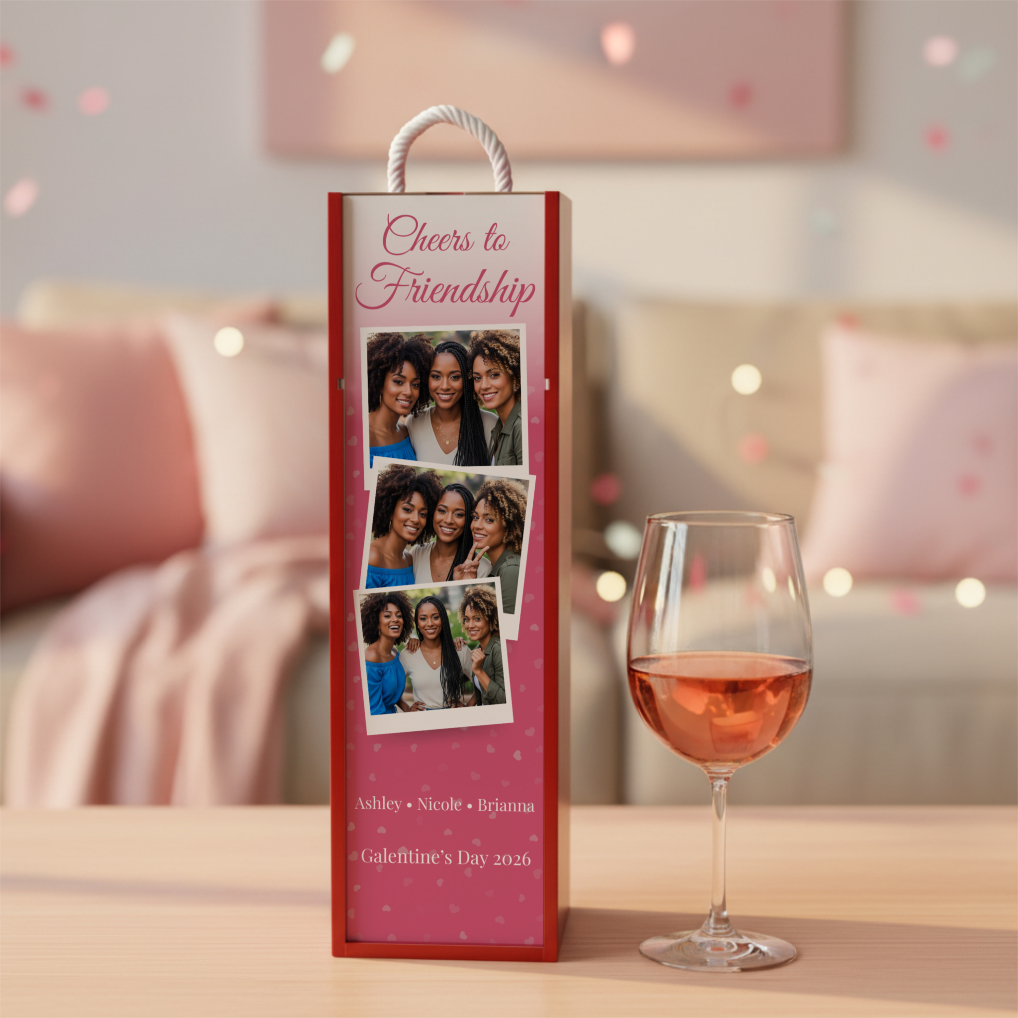 Personalized Galentines Wine Gift Set - Friends Bundle with Wine Box, Label & Glasses