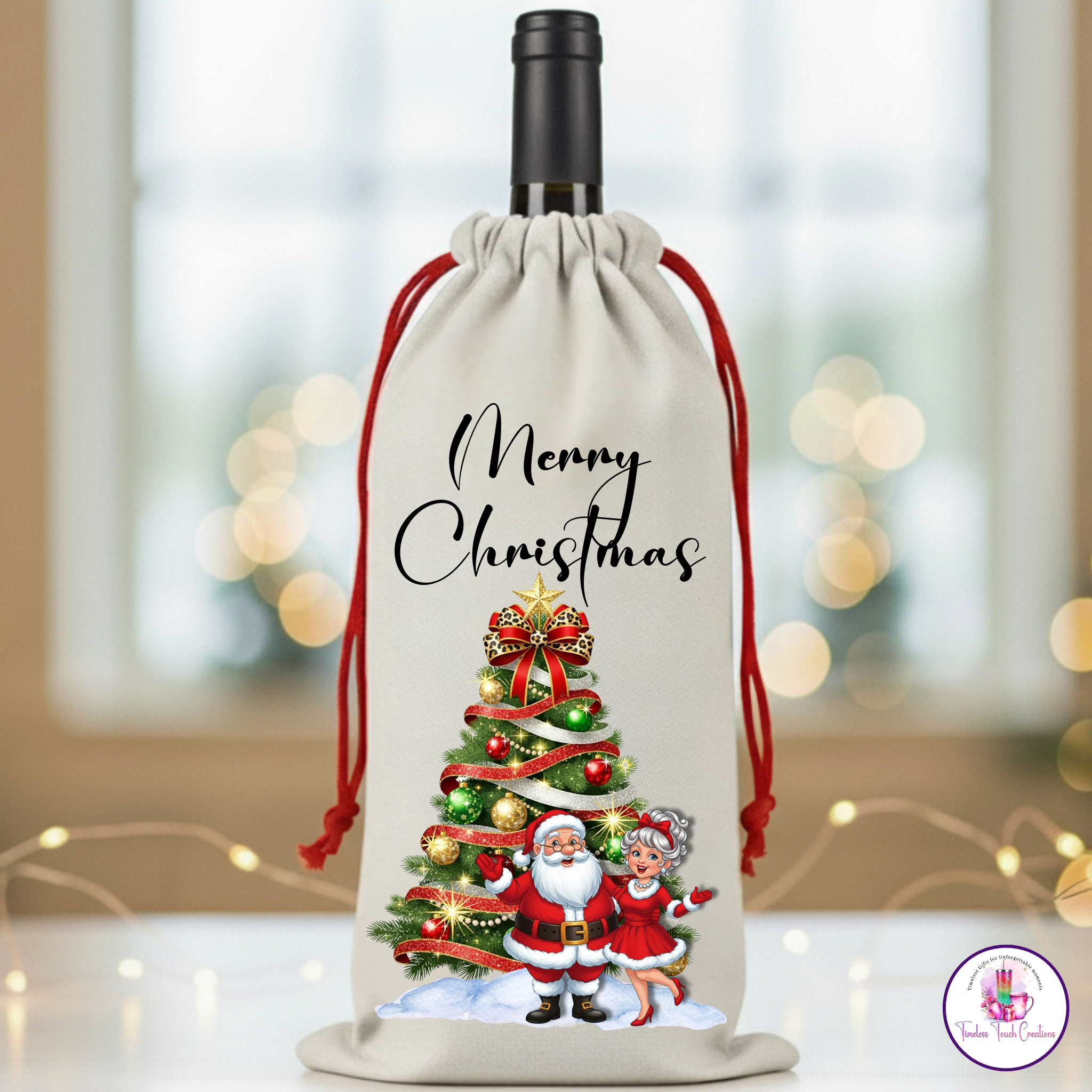 Christmas Wine Gift Bag – Holiday Santa and Festive Designs, Reusable Drawstring Wine Bottle Holder, Perfect for Gifting and Parties