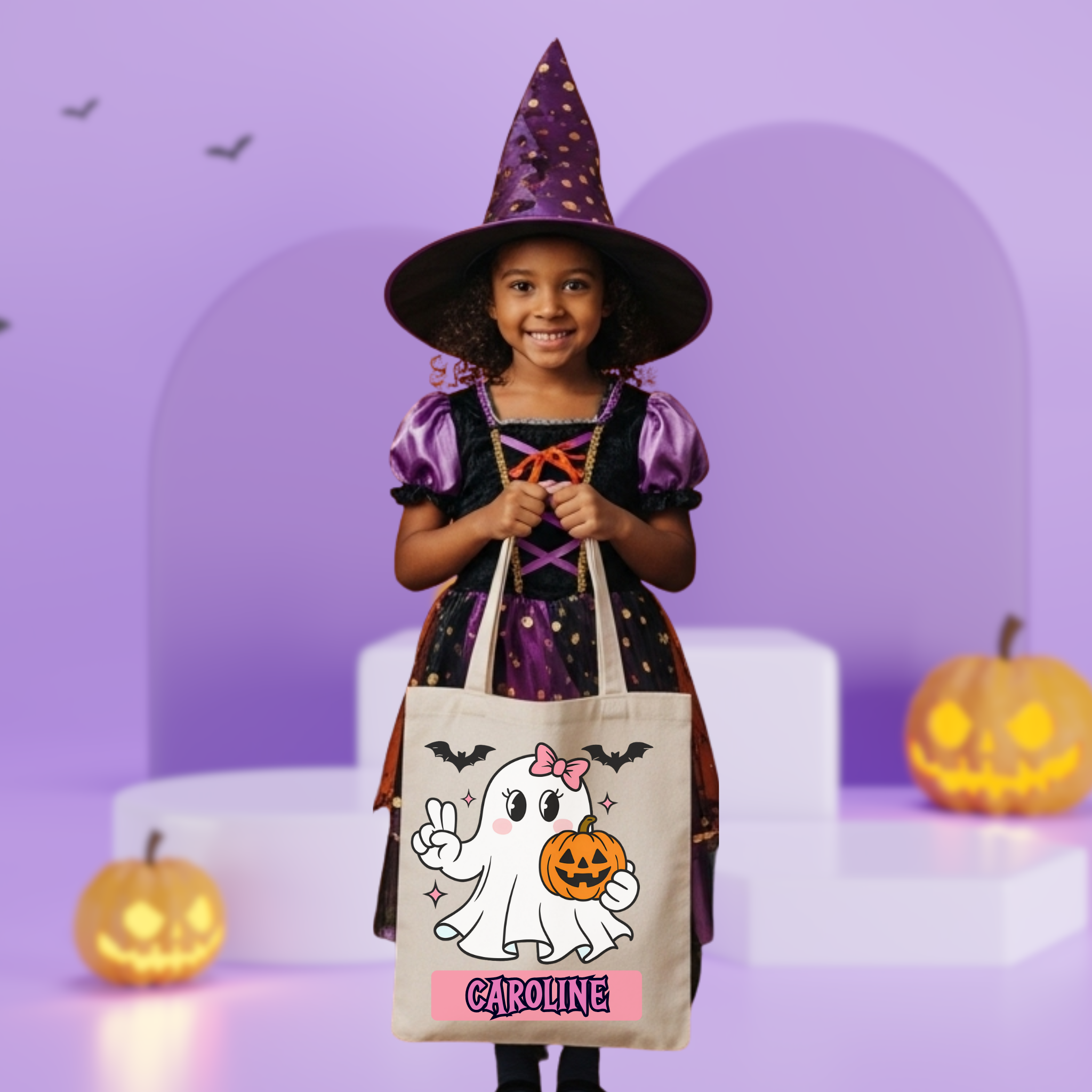 Personalized Halloween Tote Bag – Custom Trick or Treat Candy Bag for Kids | Cute Ghost Pumpkin Design with Name