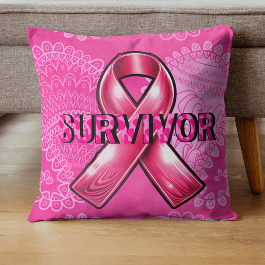 Breast Cancer Survivor Throw Pillowcase Pink Ribbon Cover | Inspirational Awareness Home Décor Gift in 14x14, 16x16, 18x18