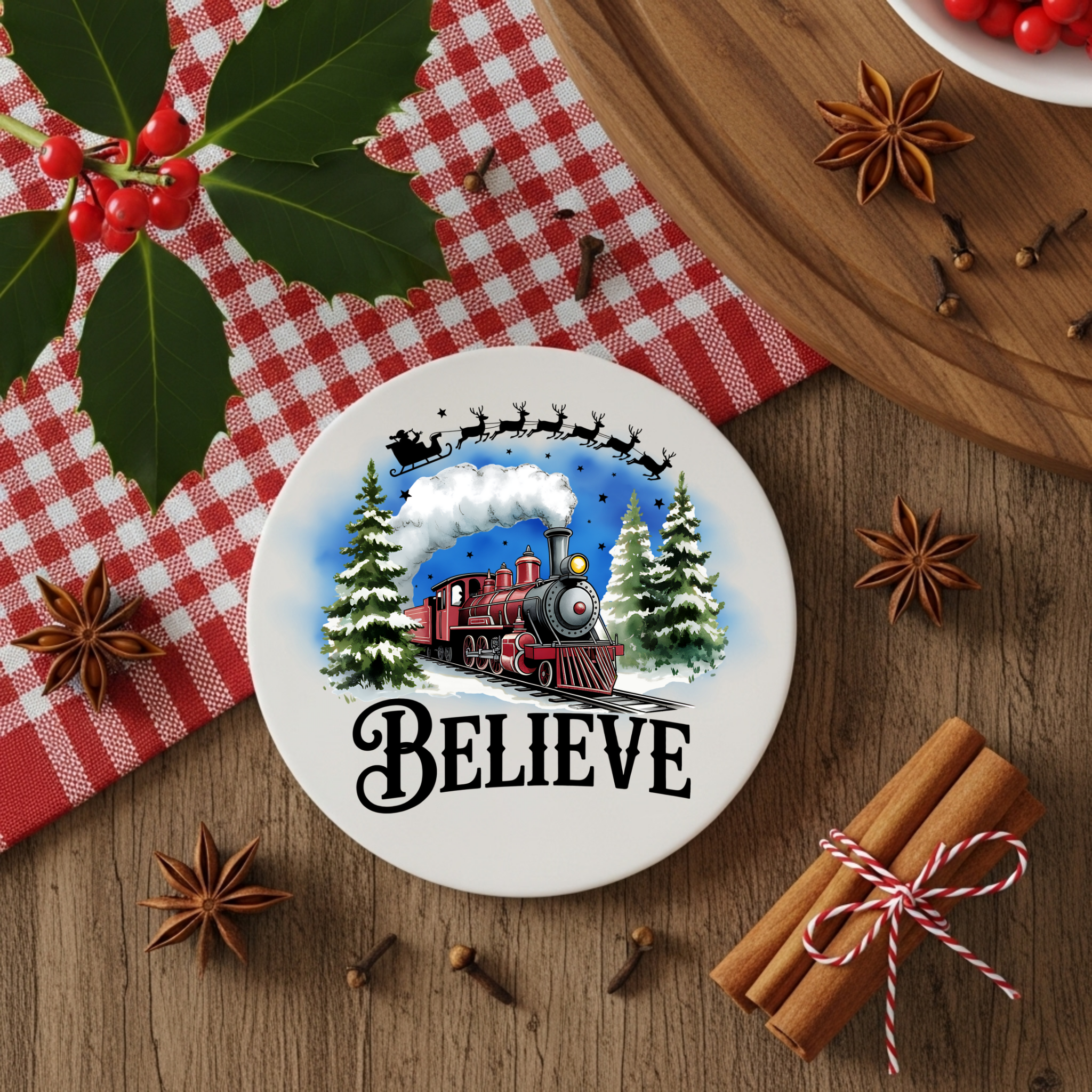 Believe Christmas Train Mug Tote Bag and Coaster Holiday Gift Collection